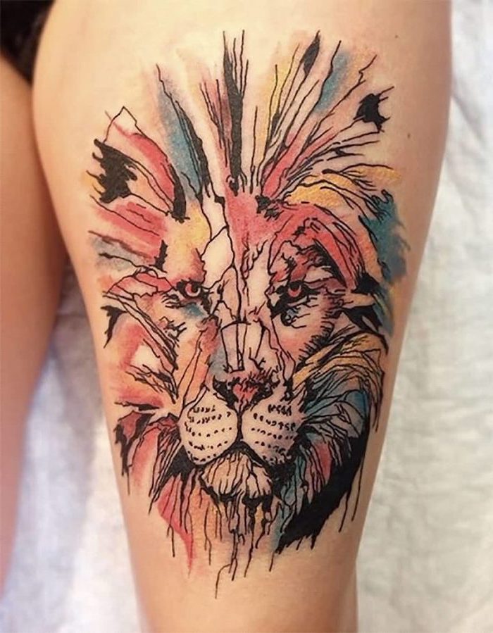 large lion head, watercolour tattoo, white background, small meaningful tattoos