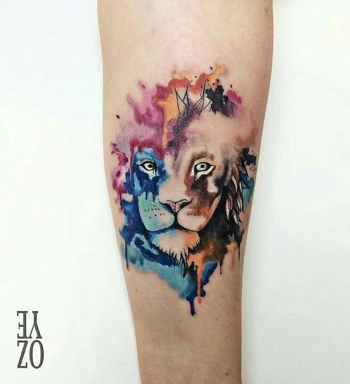 leg tattoo, watercolour lion head, tattoo ideas for men, white background