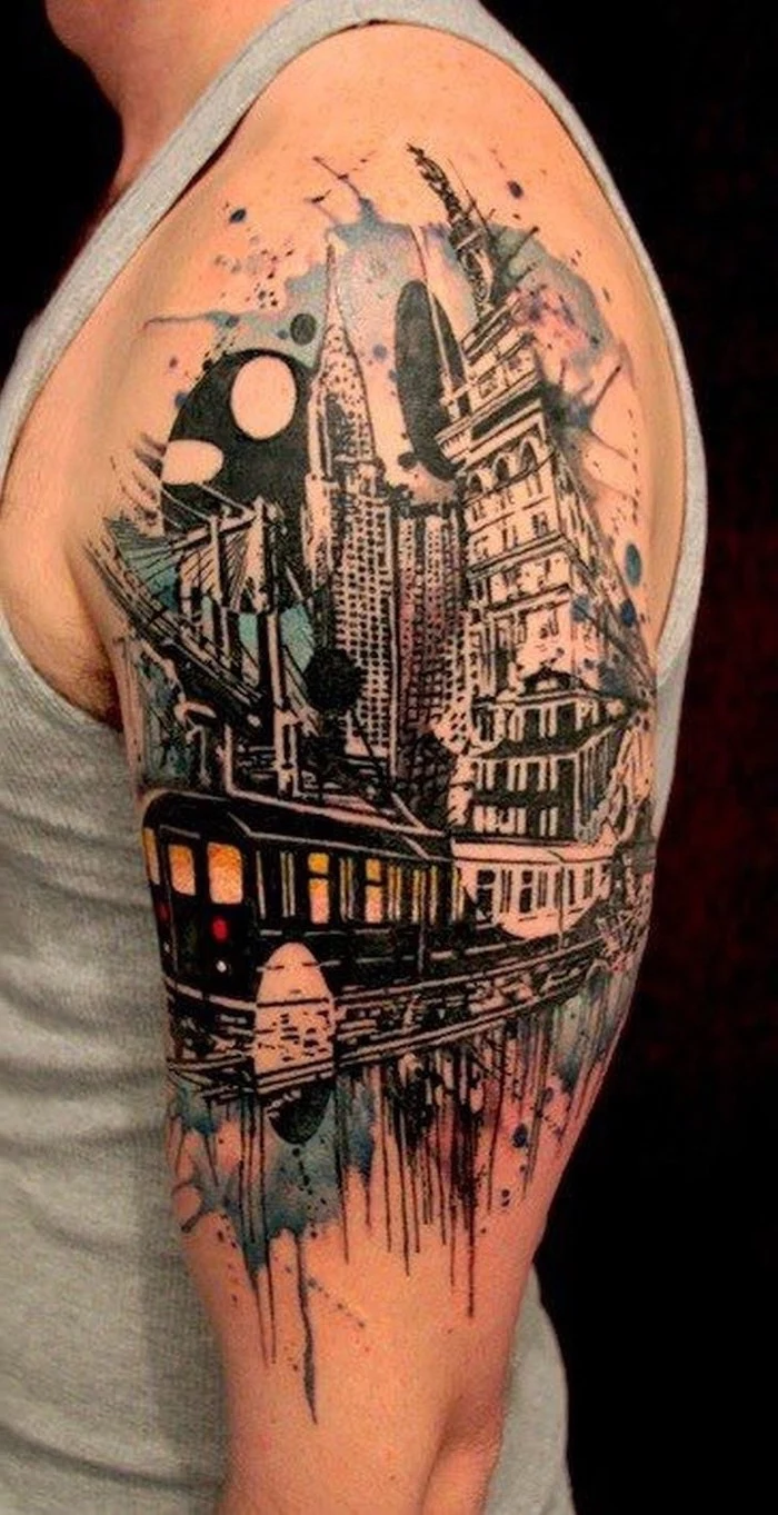 new york skyline, crysler building, shoulder watercolour tattoo, small meaningful tattoos, black background