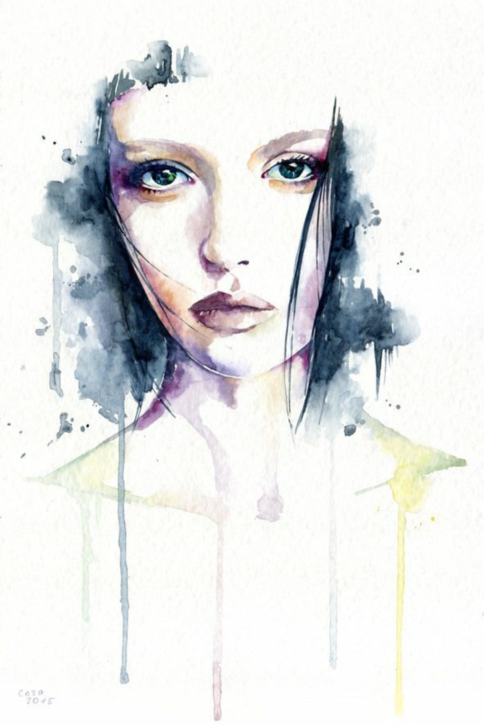 watercolour painting, of a girl's face, black and white drawings of girls, white background