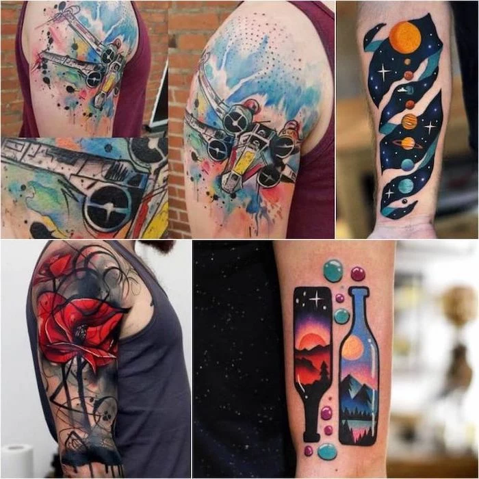 side by side pictures, watercolour tattoos, colourful designs, tattoo ideas with meaning