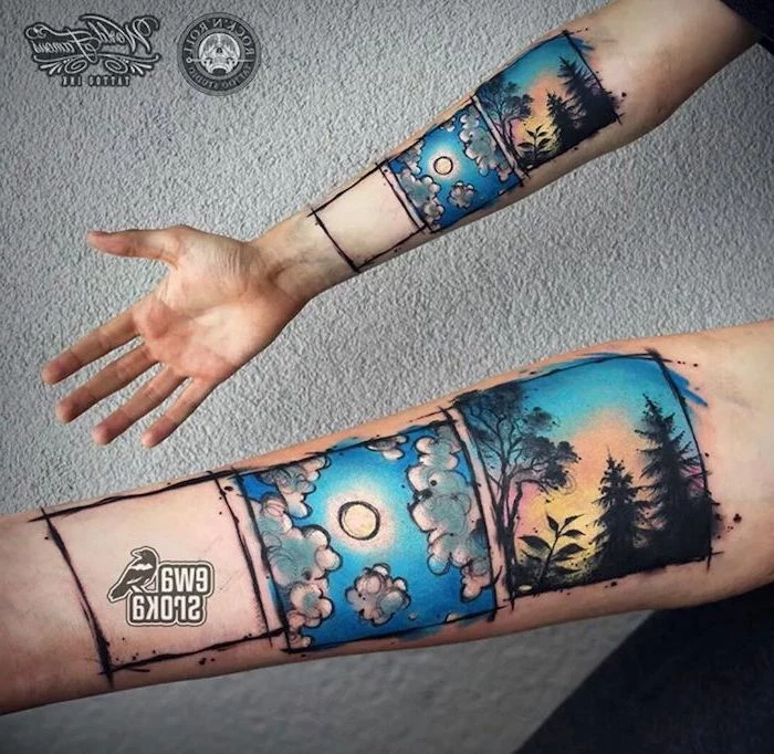 windows view, watercolour forearm tattoo, forest landscape, blue sky, tattoo ideas with meaning