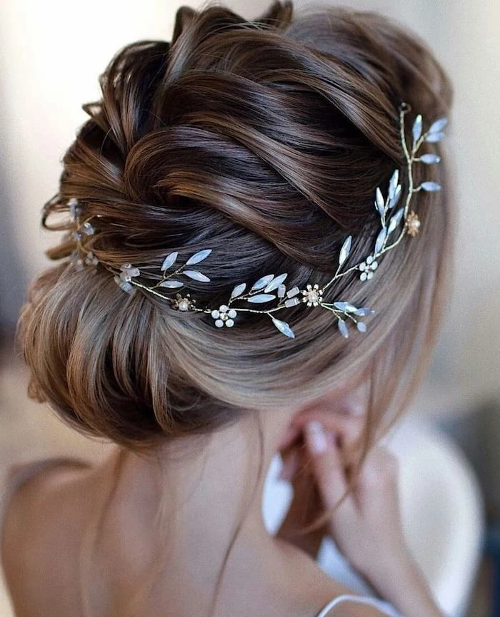 small headband with crystals, braided brown hair, in a low . updo, easy to do hairstyles