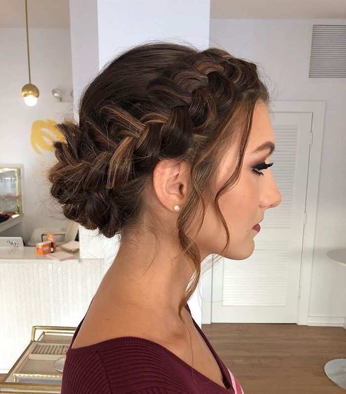 brown hair with highlights, in a braided bun, wedding hairstyles for medium hair, red sweater