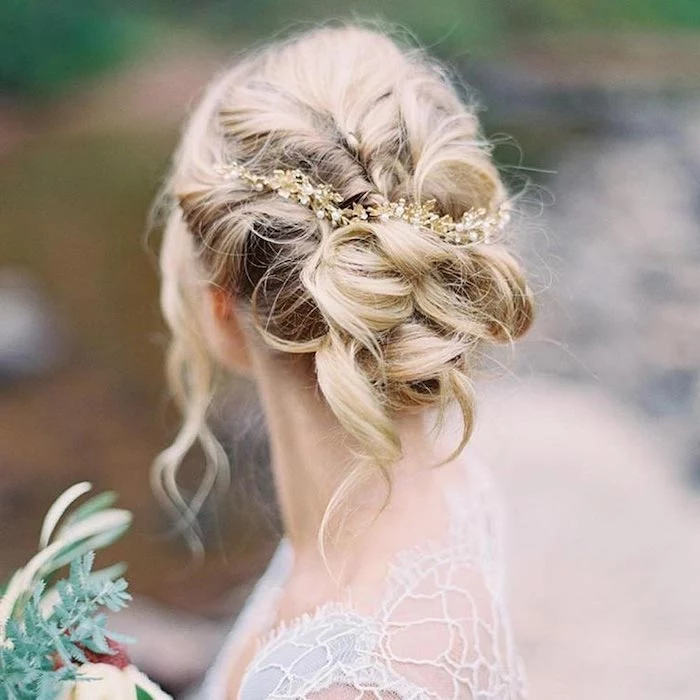 white lace dress, blonde hair in a low updo, small pearl headband, easy to do hairstyles