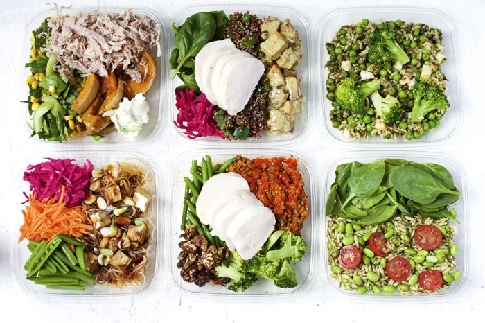 lunch boxes, full of vegetables and meat, meal prep, healthy meal plans for women, different meals for wach day