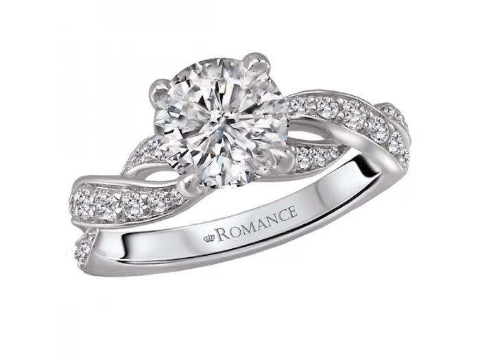 round diamond in the middle, white gold diamond studded band, square diamond engagement rings