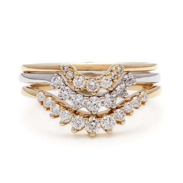 small diamonds in the shape of a tiara, gold and white gold bands, square cut engagement rings