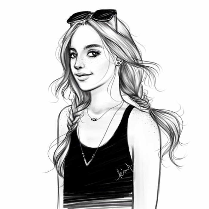 black and white drawings, how to draw a girl easy, black top, two braided ponytails, black sunglasses
