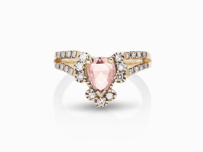double band engagement ring, morganite teardrop shaped stone, diamond studded golden band