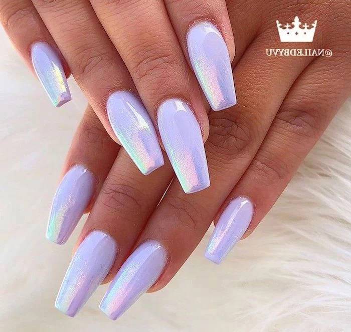 white chrome nail polish, manicure ideas, long coffin nails, both hands photographed