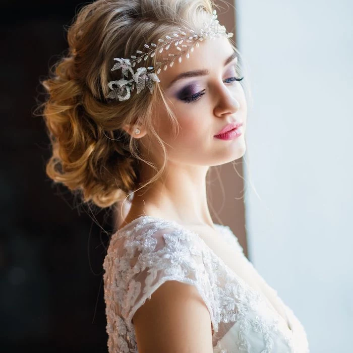 purple eyeshadow, easy wedding hairstyles, blonde hair in a low updo, large headband