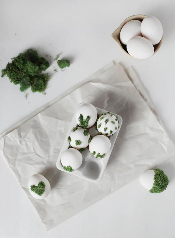 white eggs, white paper, green moss, step by step, diy tutorial, dying eggs with food coloring