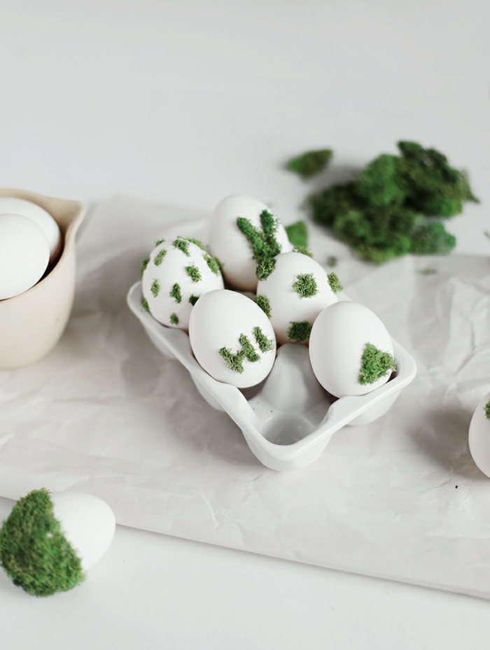 green moss, white eggs, diy tutorial, dying eggs with food coloring, bowl of white eggs, white paper