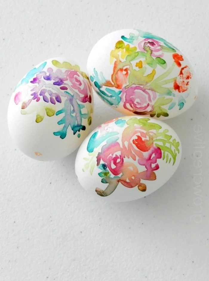 floral eggs, watercolour design, white background, how to color eggs, colourful dye