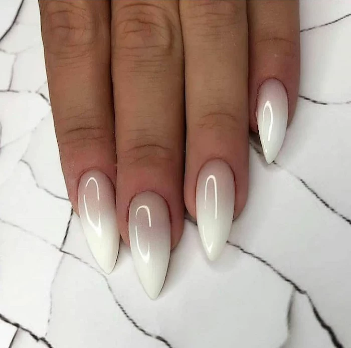 nude and white ombre nail polish, cute easy nail designs, long stiletto nails