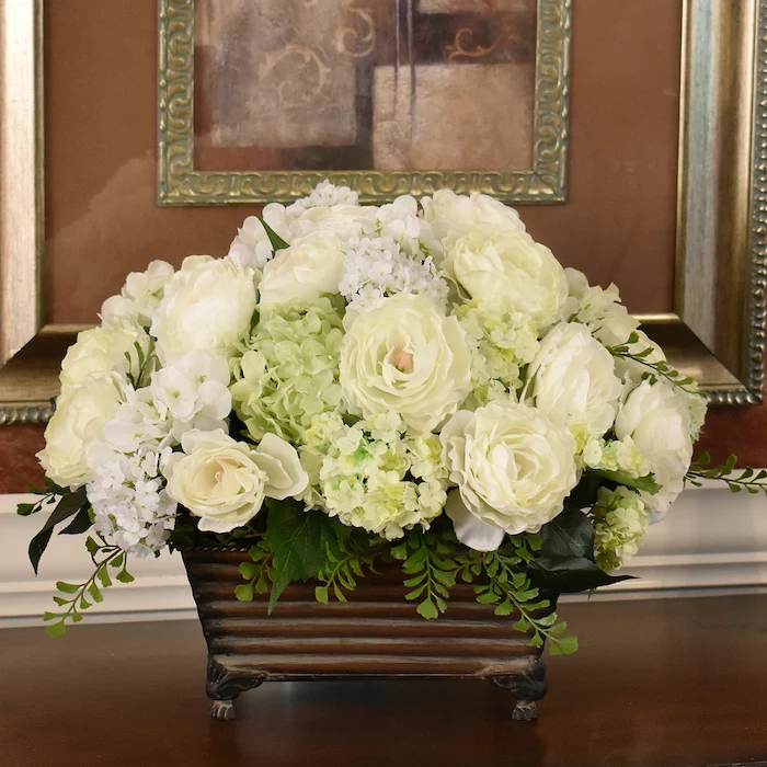white peonies, large flower bouquet, in a vintage vase, silk flower arrangements, on a wooden table