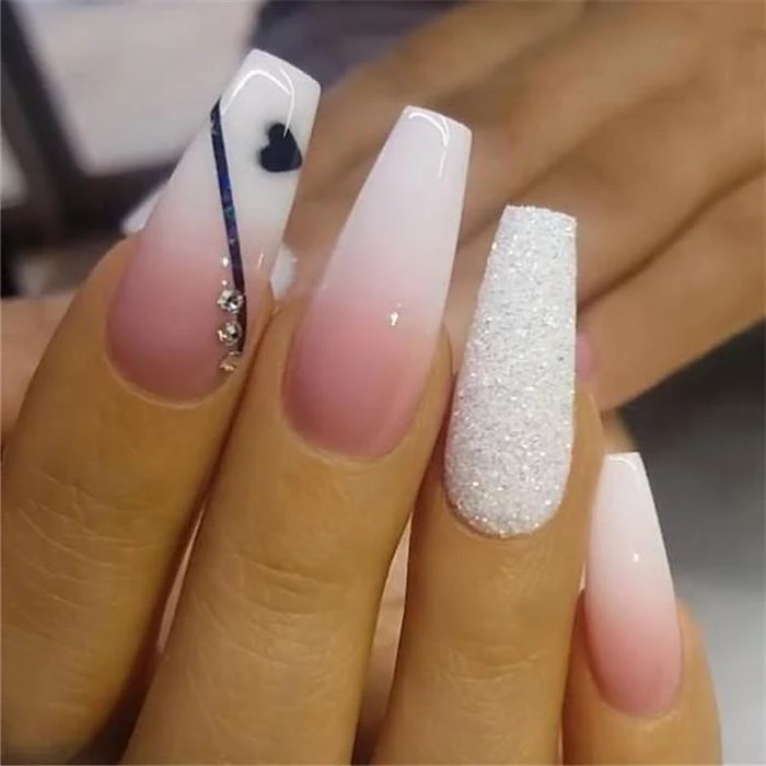 pink and white ombre nail polish, long coffin nails, cute easy nail designs, white glitter nail polish