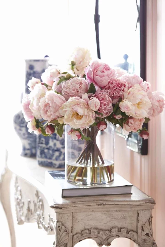 pink and white peonies, large flower bouquet, on a vintage wooden table, mason jar flower arrangements, rustic style
