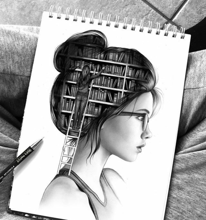 girl drawing, black and white sketch, girl with a library, inside her head, white sketchbook