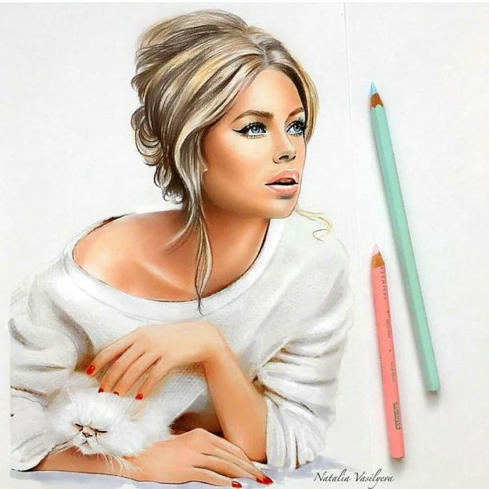 drawing of a girl, holding a cat, blonde hair in a bun, how to draw a girl easy, white sweater