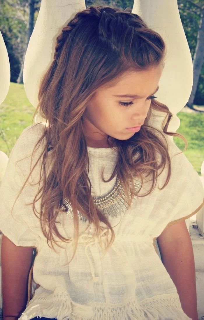 long brown wavy hair, little girl hairstyles, french braid on top of the head, white boho blouse