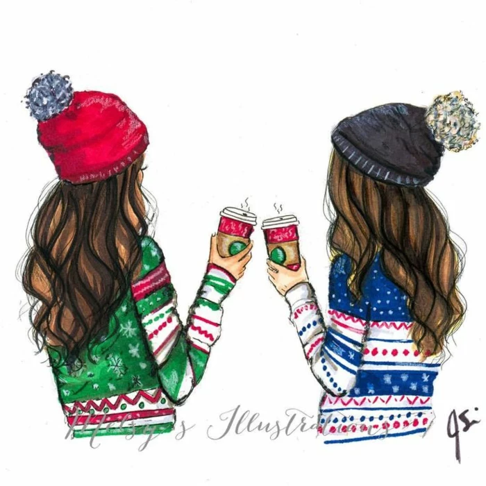 two girls, wearing christmas sweaters, holding starbucks cups, cute drawings, girls wearing winter hats
