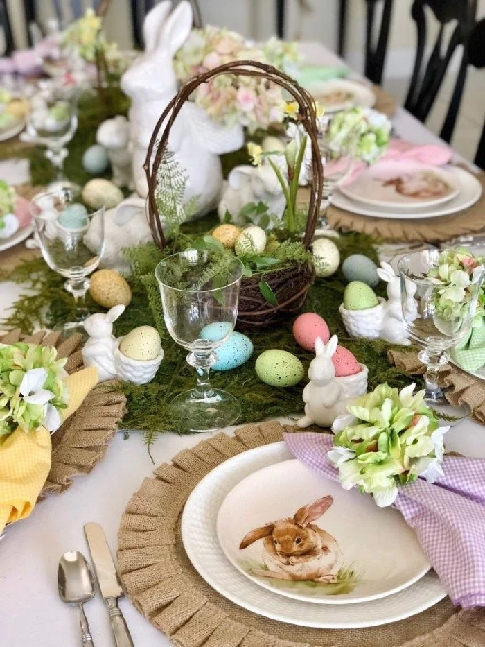 wooden basket, dyed eggs, scattered across the table, easter table decorations centerpieces