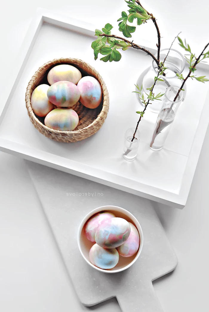 wooden bowl, full of colourful eggs, whipped cream eggs, diy tutorial, easter egg decorating
