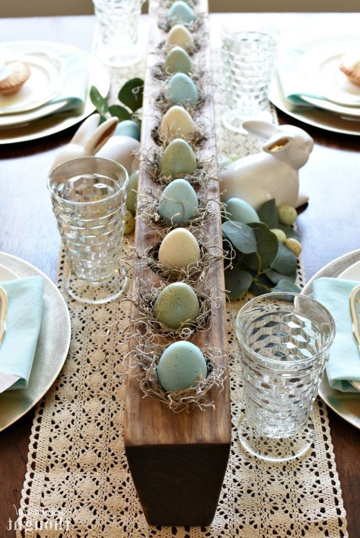 white vintage table runner, easter table settings, dyed eggs, on a wooden board