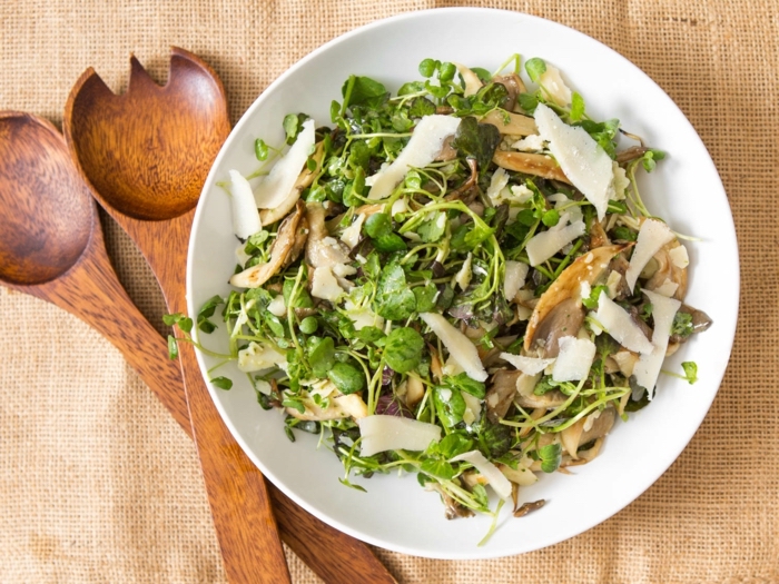 white bowl, full of herbs and meat, parmesan cheese on top, healthy meal plans for women, wooden spoons