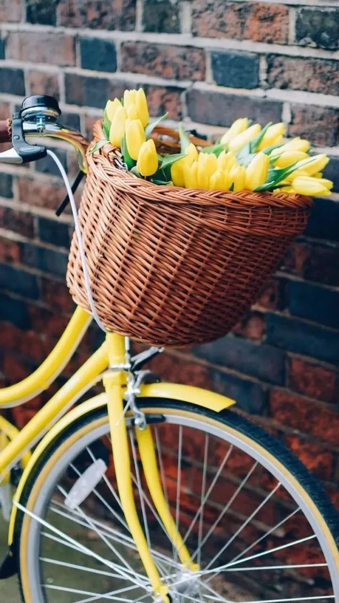 spring wallpaper for desktop, yellow bike, yellow tulips, in a wooden basket, leaning on a brick wall