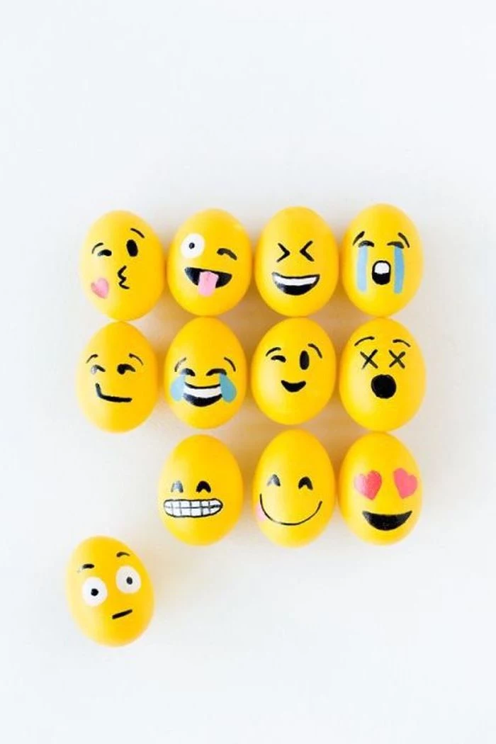 yellow emoji eggs, diy tutorial, how to color easter eggs, different faces, on a white background