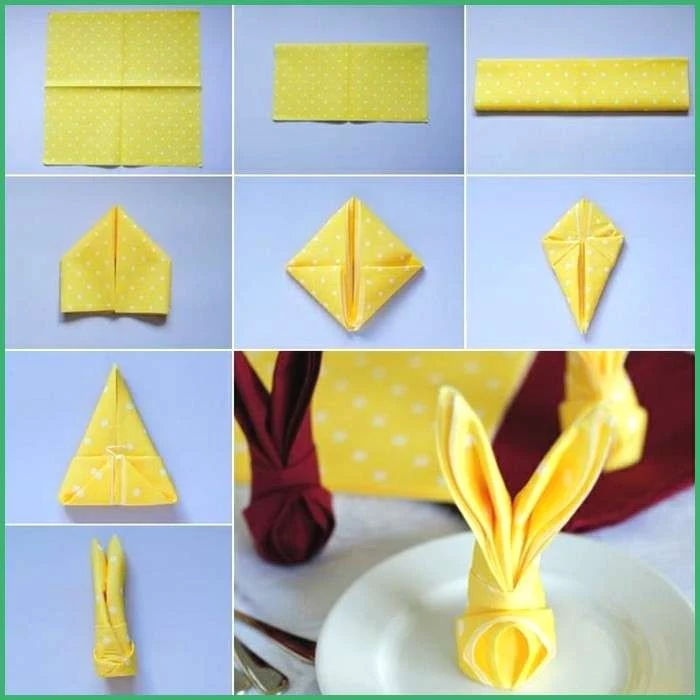 diy step by step tutorial, easter table decorations, how to fold napkins, yellow and white dotted napkins