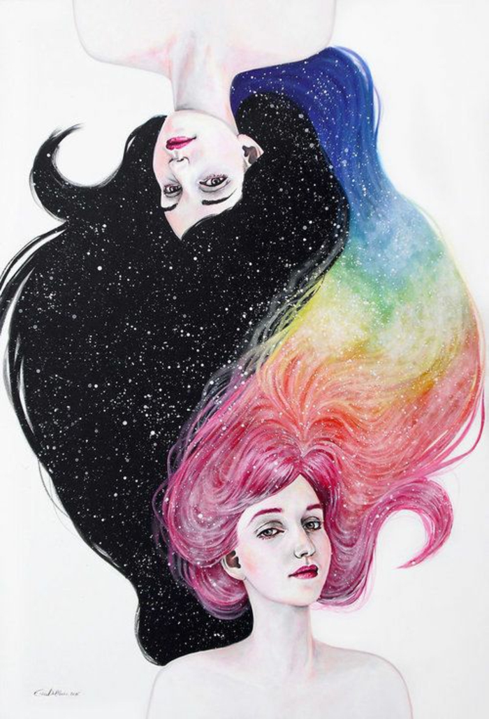 drawing of two girls, with long hairs, yin and yang, black and colourful hairs, how to draw a girl easy