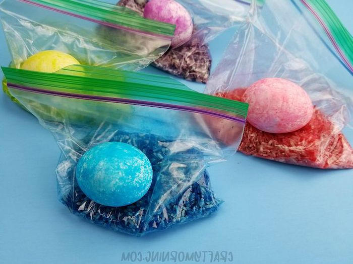 dyed rice, in a ziploc bag, yellow and blue, red and purple eggs, easter egg ideas, rice eggs, diy tutorial