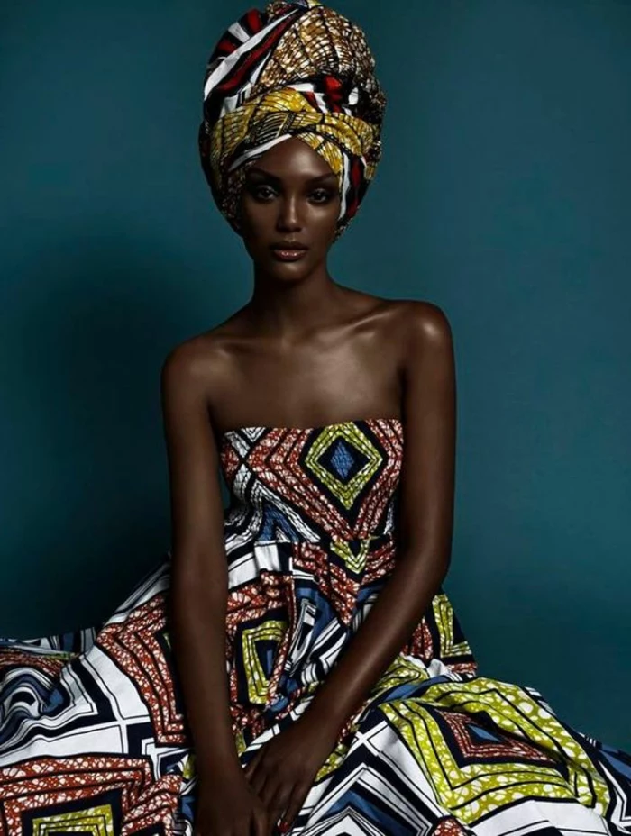 large headscarf, printed long dress, african print dresses, blue background