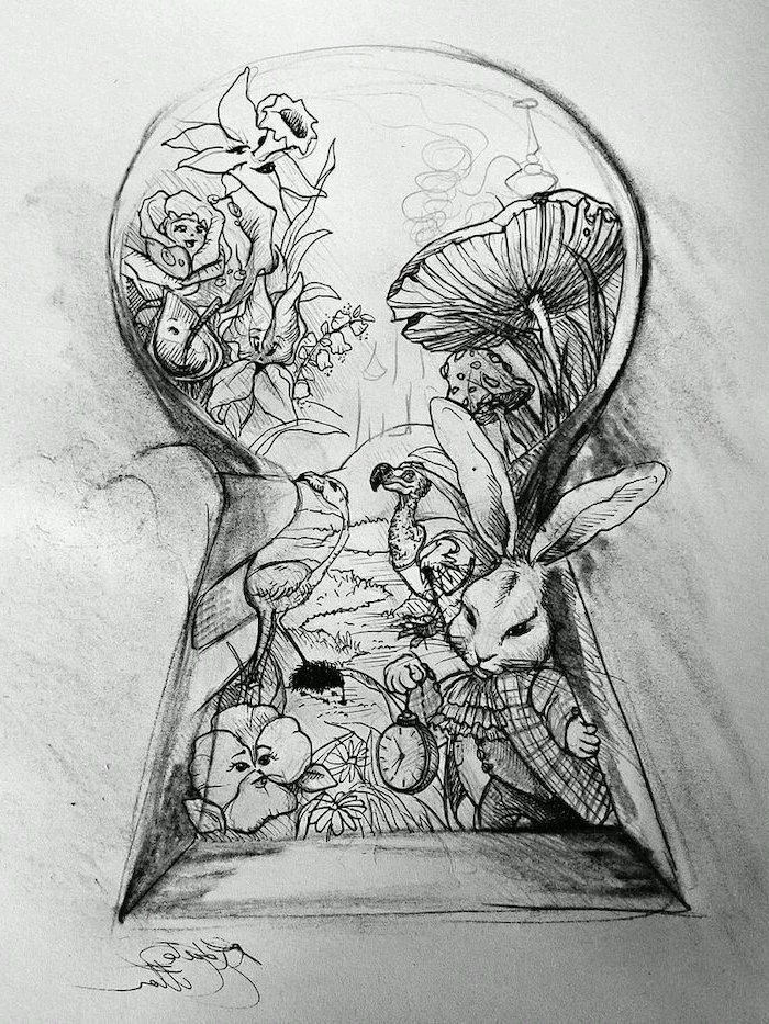 alice in wonderland, through the key hole, black and white, pencil sketch, things to draw when bored, cool things to draw easy step by step