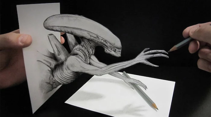 alien inspired, 3d art, things to draw when bored, black and white, pencil sketch, grey pencils