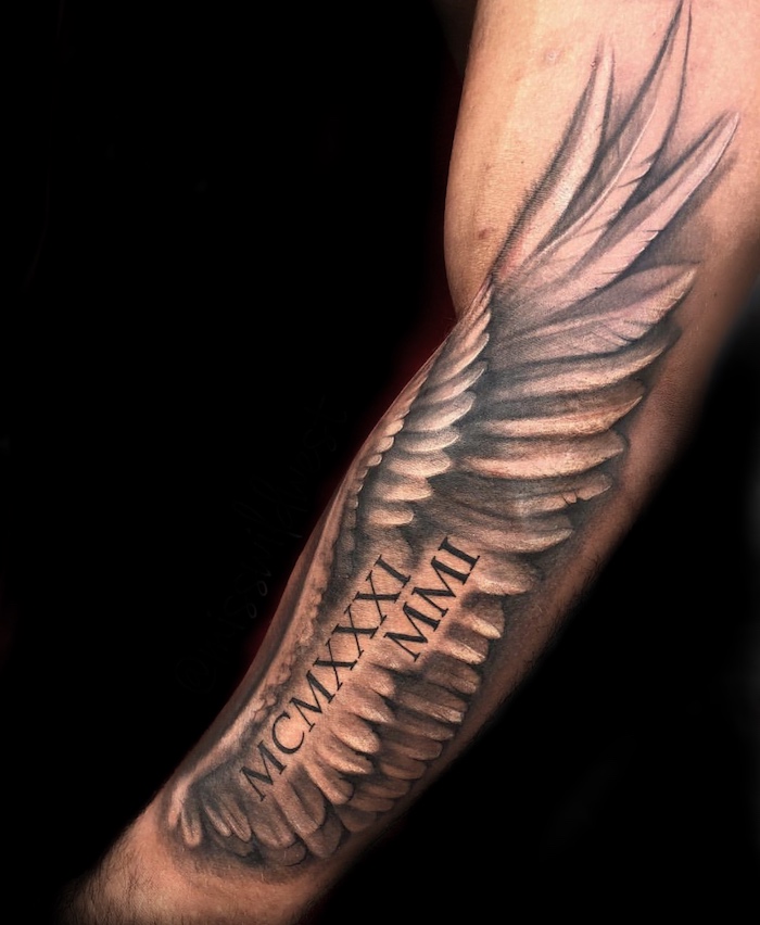 black background, angel wings, roman numeral tattoo, forearm tattoo