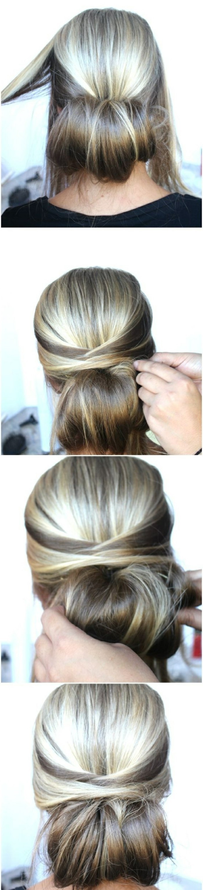 long hairstyles for women, step by step, diy tutorial, brown hair, blonde highlights, in a low updo