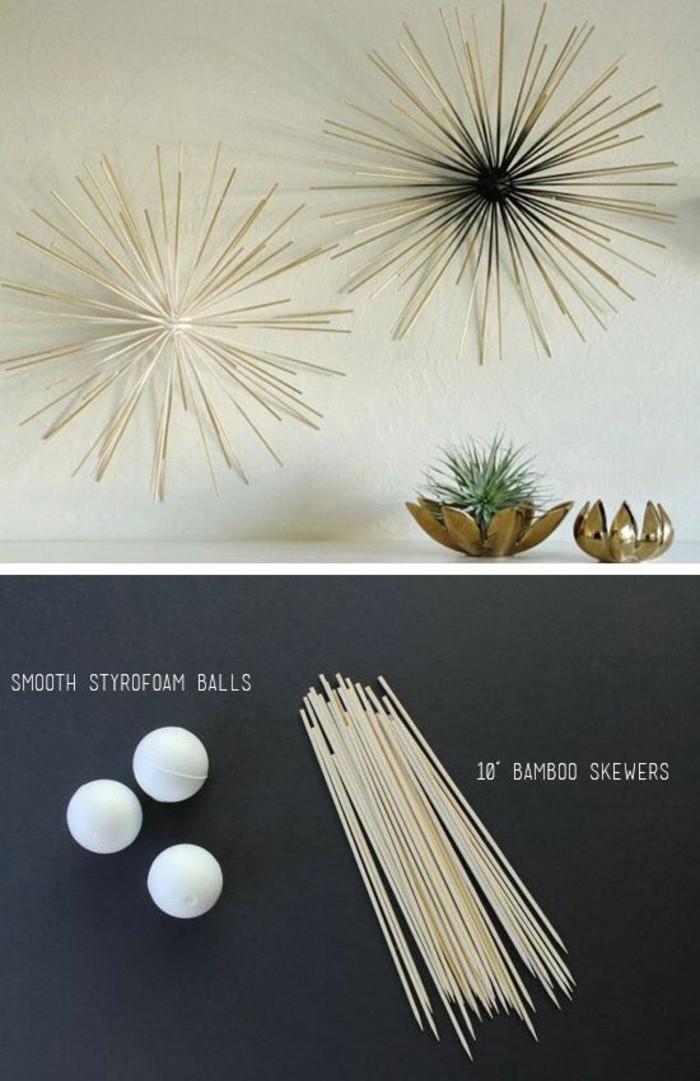 bamboo skewers, styrofoam balls, forming abstract shapes, living room wall ideas, hanging on a white wall