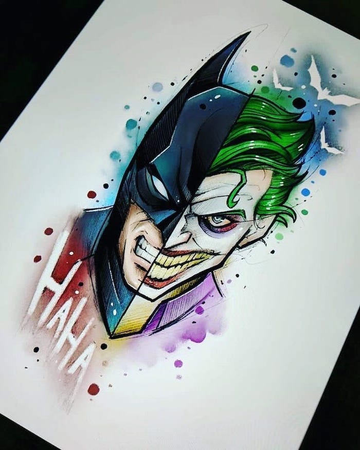 batman and joker, split art, watercolour painting, cool things to draw, white background