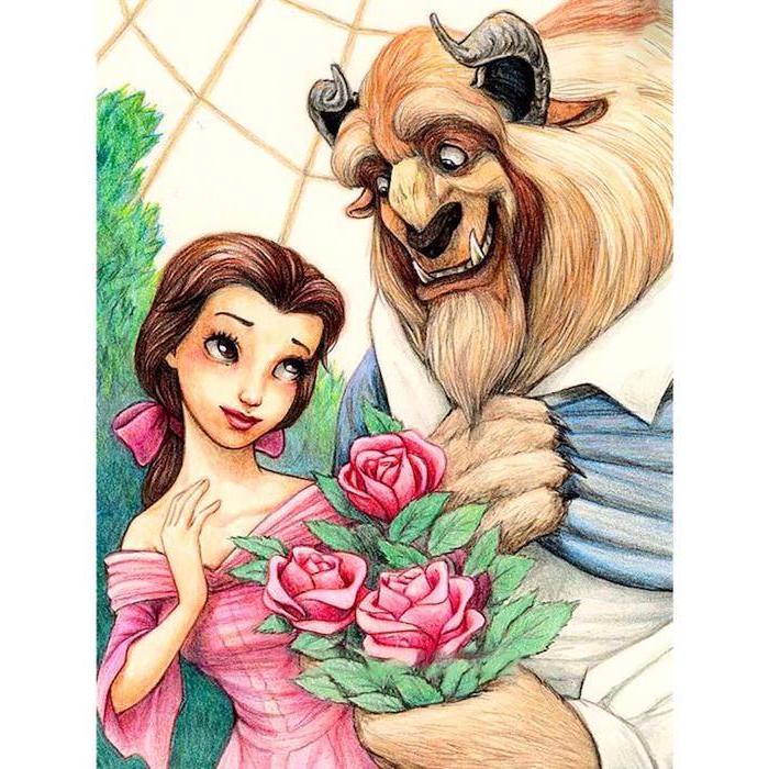 beauty and the beast inspired, coloured pencils sketch, things to draw when bored, pink dress, pink roses