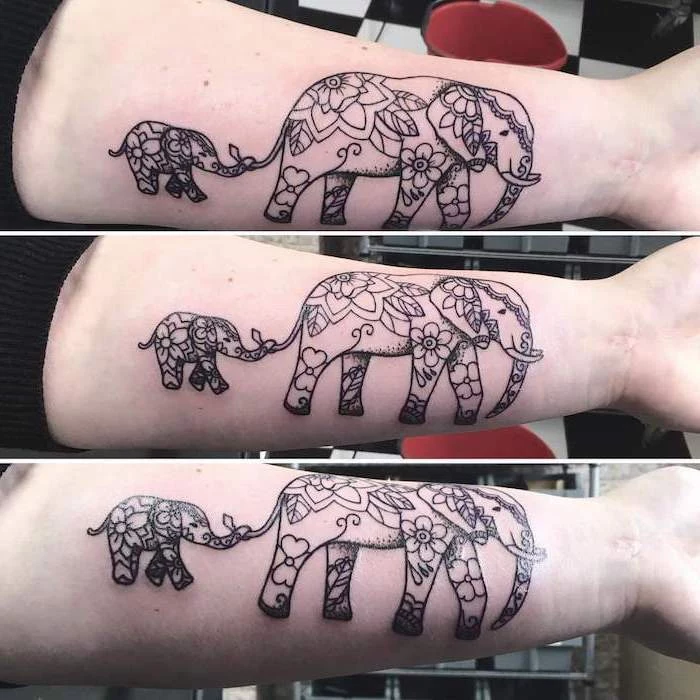 mandala shoulder tattoo, baby elephant, following a mother elephant, forearm tattoo