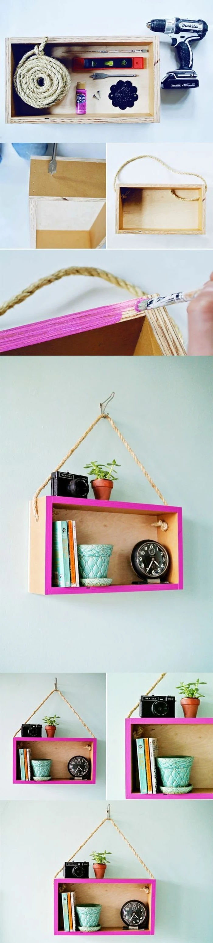 wooden crate, hanging on a white wall, unique wall decor, step by step, diy tutorial, painted pink frame