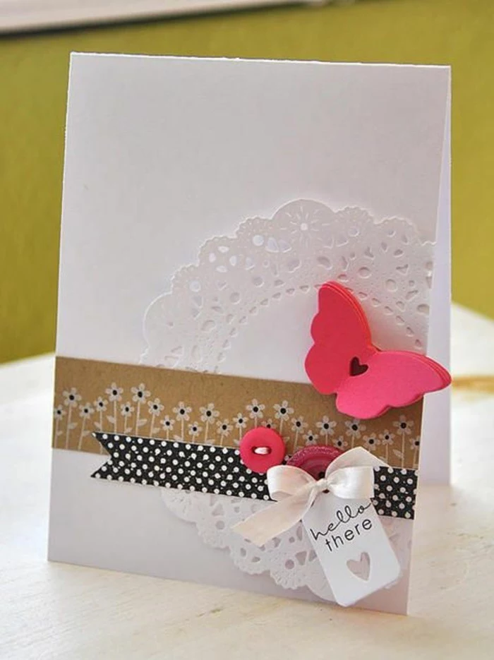 pink butterfly, white card stock, funny happy birthday cards, pink buttons, black and white dotted ribbon