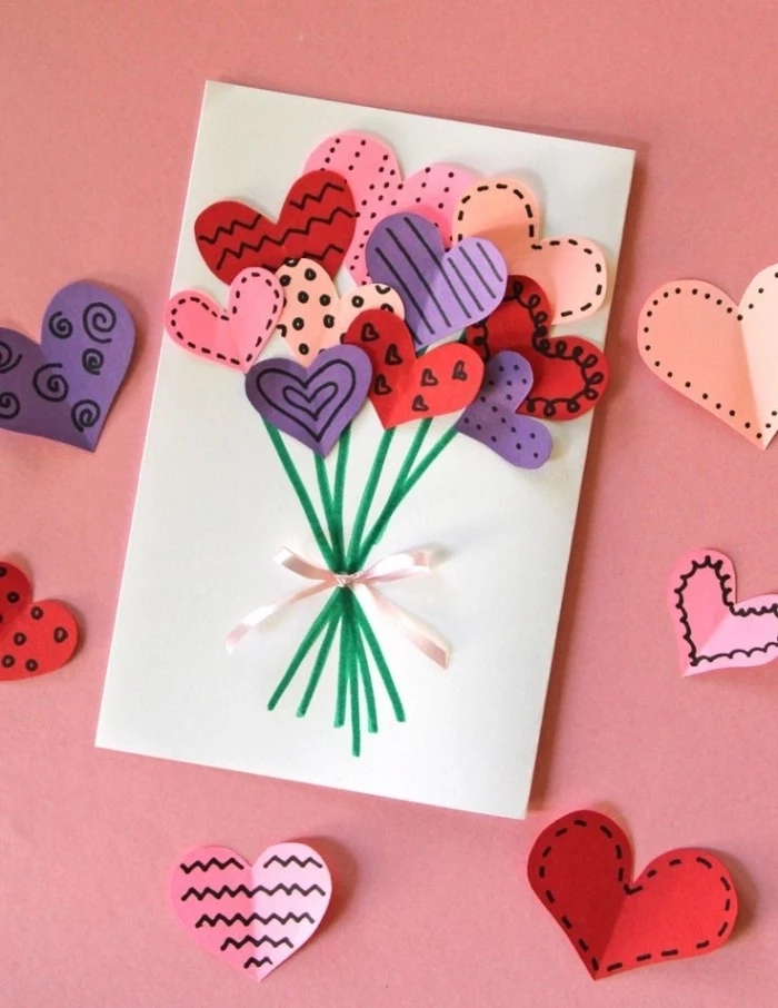 pink background, colourful paper hearts, on white card stock, pop up birthday cards