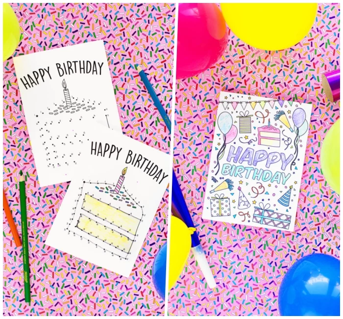 pink sprinkled background, diy birthday cards, connect the dots, happy birthday card