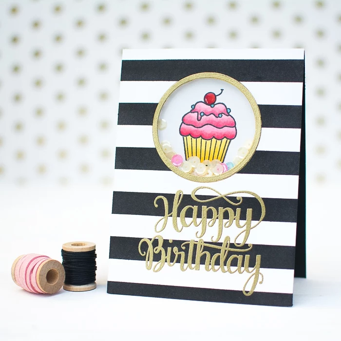 black and white stripes, gold happy birthday, diy pop up cards, small cupcake, sequins inside